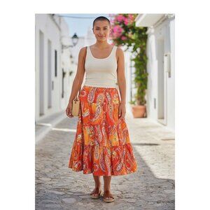 Chaps Womens Tiered Paisley Skirt Orange/Red L Cotton Lightweight